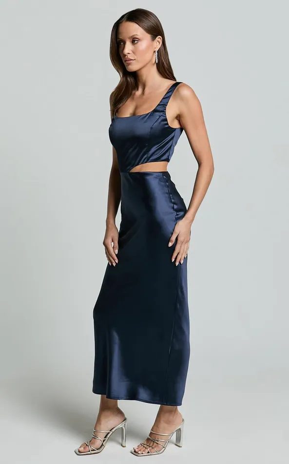 Showpo Aleena Midi Dress 8211 Square Neck Side Cut Out Satin Dress In Midnight Blue Women Dresses