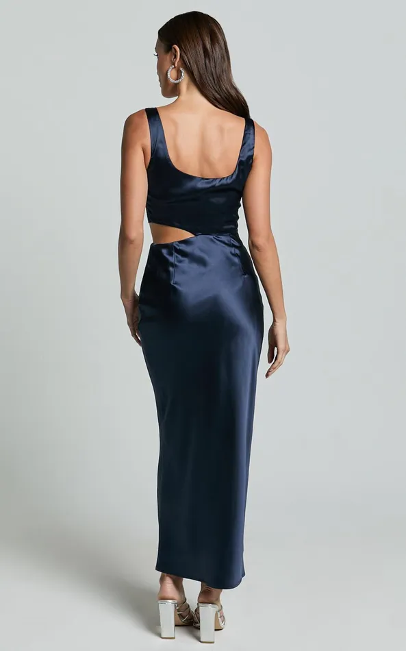 Showpo Aleena Midi Dress 8211 Square Neck Side Cut Out Satin Dress In Midnight Blue Women Dresses