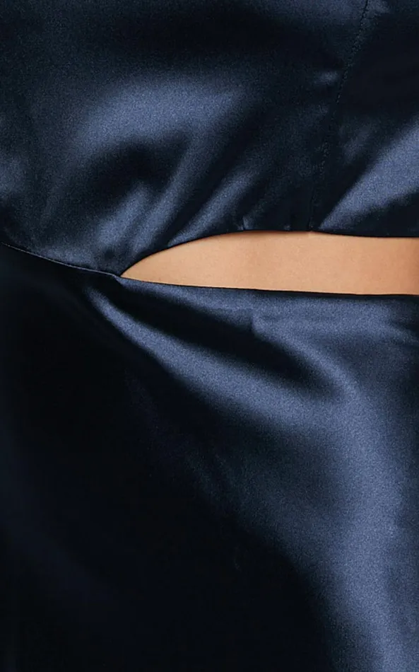 Showpo Aleena Midi Dress 8211 Square Neck Side Cut Out Satin Dress In Midnight Blue Women Dresses