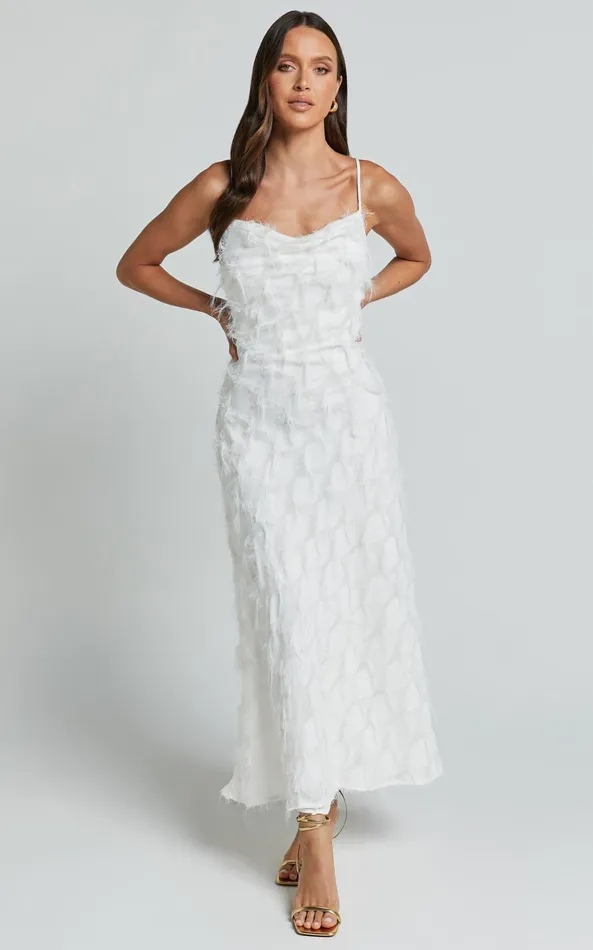 Showpo Aleesha Midi Dress 8211 Textured Cowl Neck Dress In White Women Dresses