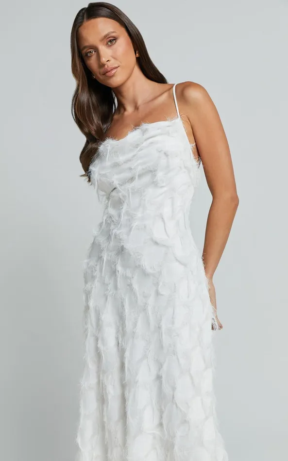 Showpo Aleesha Midi Dress 8211 Textured Cowl Neck Dress In White Women Dresses