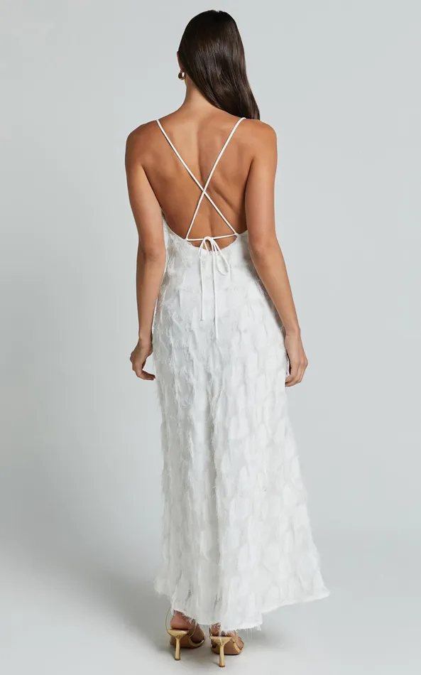 Showpo Aleesha Midi Dress 8211 Textured Cowl Neck Dress In White Women Dresses