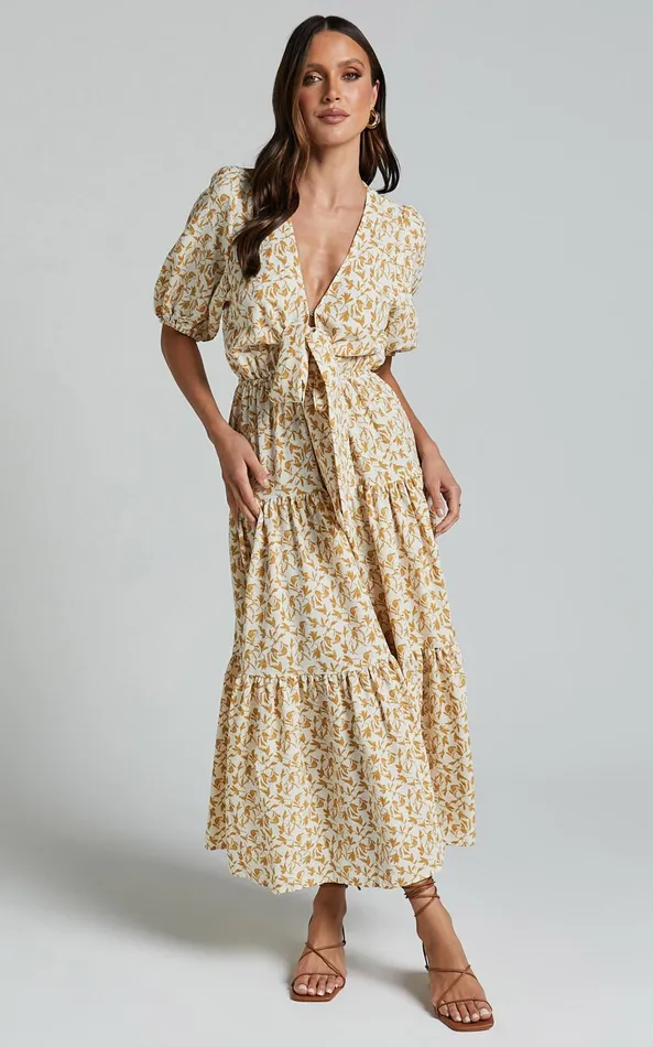 Showpo Alena Midi Dress 8211 Short Puff Sleeve Tie Front Tiered Dress In Golden Floral Women Curve Clothes Showpo Alena Midi Dress 8211 Short Puff Sleeve Tie Front Tiered Dress In Golden Floral Women Curve Clothes