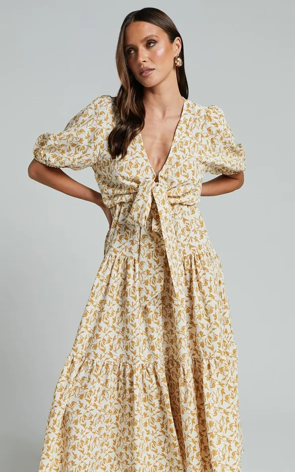Showpo Alena Midi Dress 8211 Short Puff Sleeve Tie Front Tiered Dress In Golden Floral Women Curve Clothes