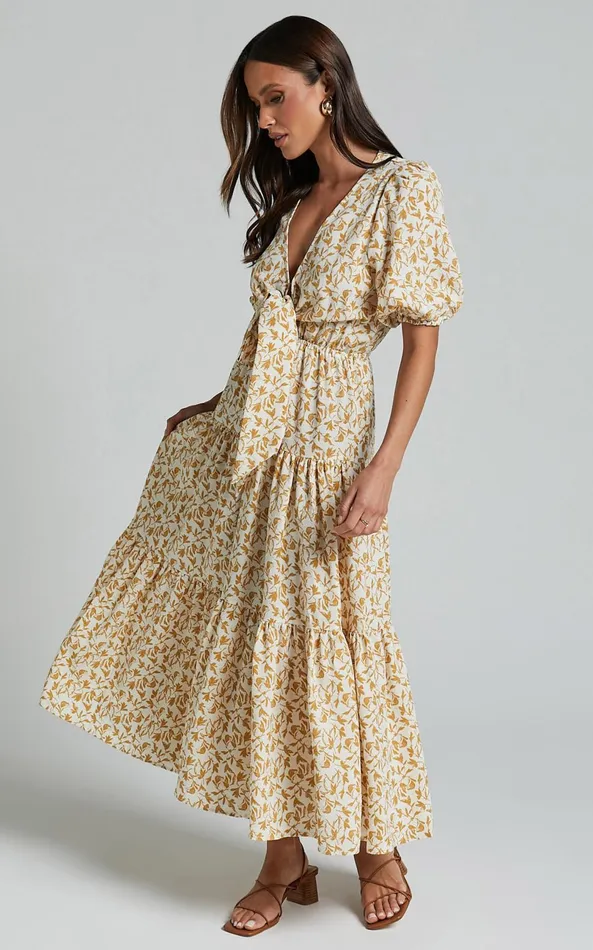 Showpo Alena Midi Dress 8211 Short Puff Sleeve Tie Front Tiered Dress In Golden Floral Women Curve Clothes