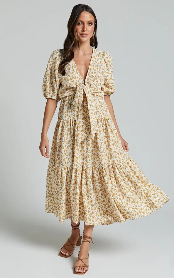 Showpo Alena Midi Dress 8211 Short Puff Sleeve Tie Front Tiered Dress In Golden Floral Women Curve Clothes