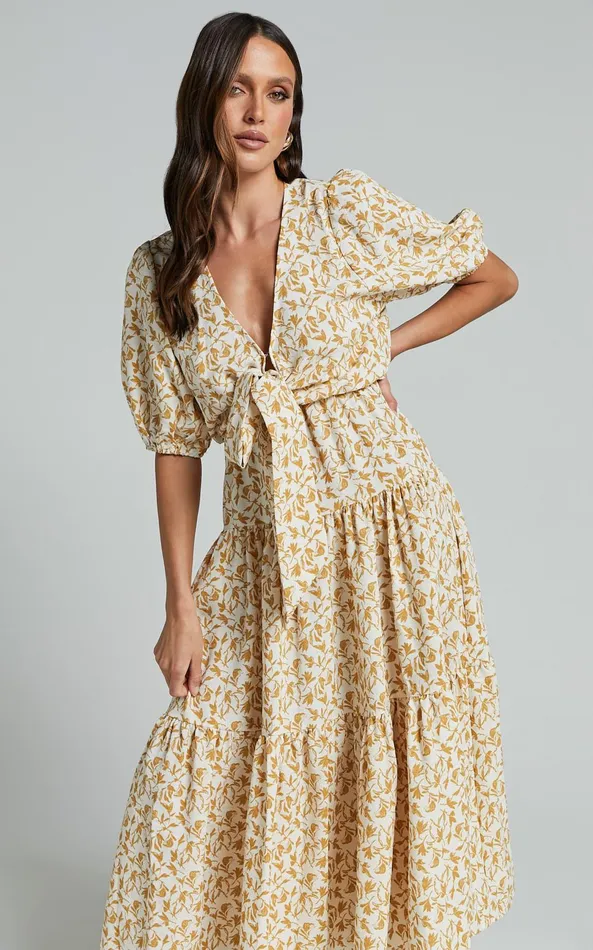 Showpo Alena Midi Dress 8211 Short Puff Sleeve Tie Front Tiered Dress In Golden Floral Women Curve Clothes