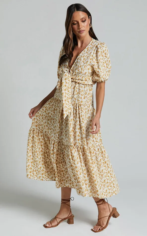 Showpo Alena Midi Dress 8211 Short Puff Sleeve Tie Front Tiered Dress In Golden Floral Women Curve Clothes