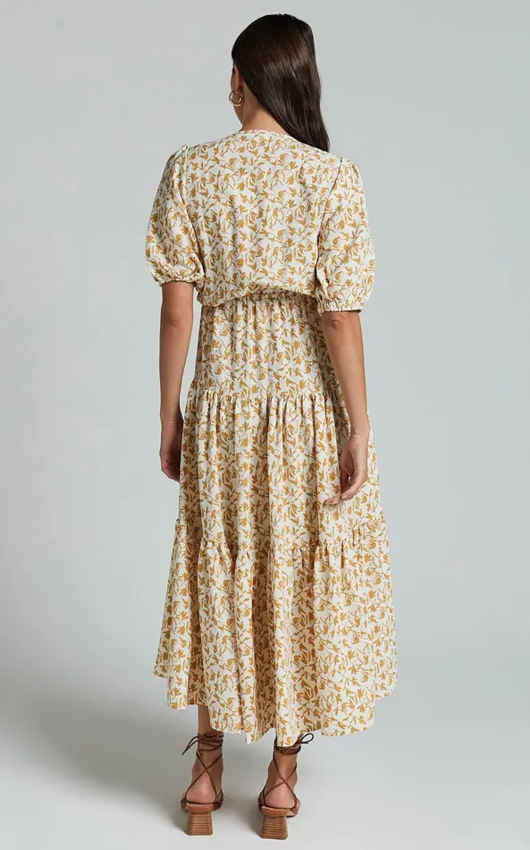 Showpo Alena Midi Dress 8211 Short Puff Sleeve Tie Front Tiered Dress In Golden Floral Women Curve Clothes