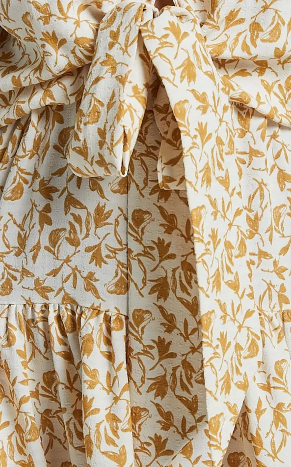 Showpo Alena Midi Dress 8211 Short Puff Sleeve Tie Front Tiered Dress In Golden Floral Women Curve Clothes