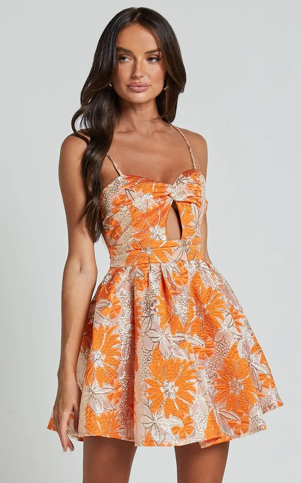 Showpo Alena Mini Dress 8211 Sweetheart Sleeveless Cut Out Front Dress In Orange Women Dresses