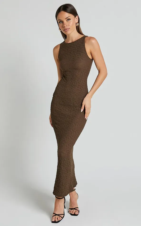 Showpo Alesia Maxi Dress 8211 High Neck Sleeveless Bodycon Dress In Chocolate Women Dresses