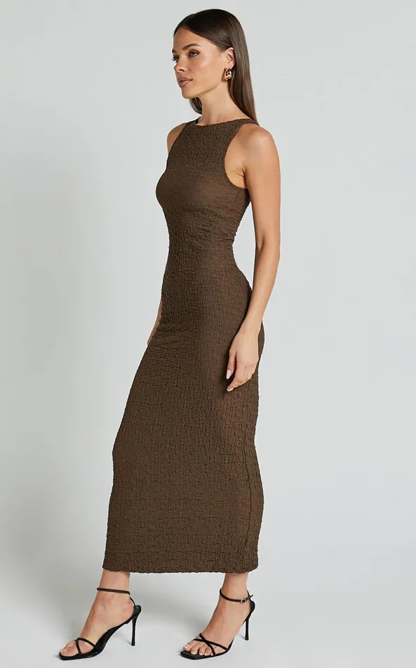 Showpo Alesia Maxi Dress 8211 High Neck Sleeveless Bodycon Dress In Chocolate Women Dresses