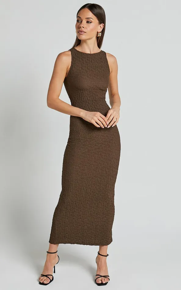 Showpo Alesia Maxi Dress 8211 High Neck Sleeveless Bodycon Dress In Chocolate Women Dresses
