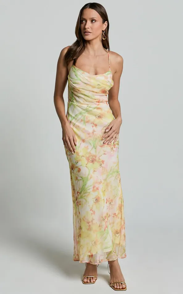 Showpo Alessa Midi Dress 8211 Tie Strap Cowl Neck Slip Dress In Yelllow Floral Print Women Dresses Showpo Alessa Midi Dress 8211 Tie Strap Cowl Neck Slip Dress In Yelllow Floral Print Women Dresses