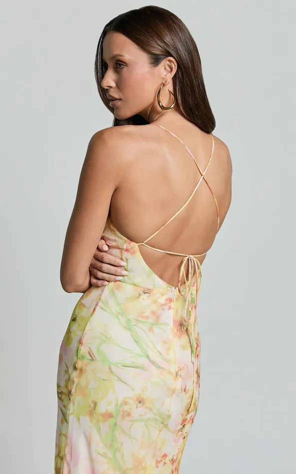 Showpo Alessa Midi Dress 8211 Tie Strap Cowl Neck Slip Dress In Yelllow Floral Print Women Dresses