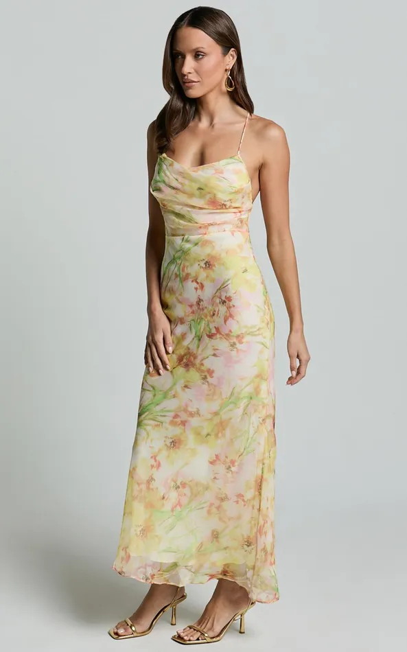 Showpo Alessa Midi Dress 8211 Tie Strap Cowl Neck Slip Dress In Yelllow Floral Print Women Dresses