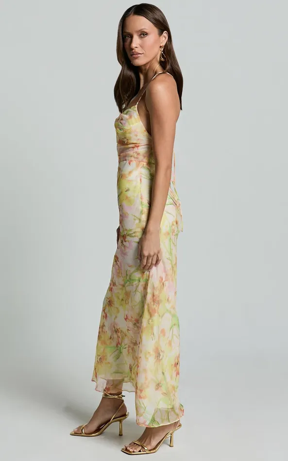 Showpo Alessa Midi Dress 8211 Tie Strap Cowl Neck Slip Dress In Yelllow Floral Print Women Dresses