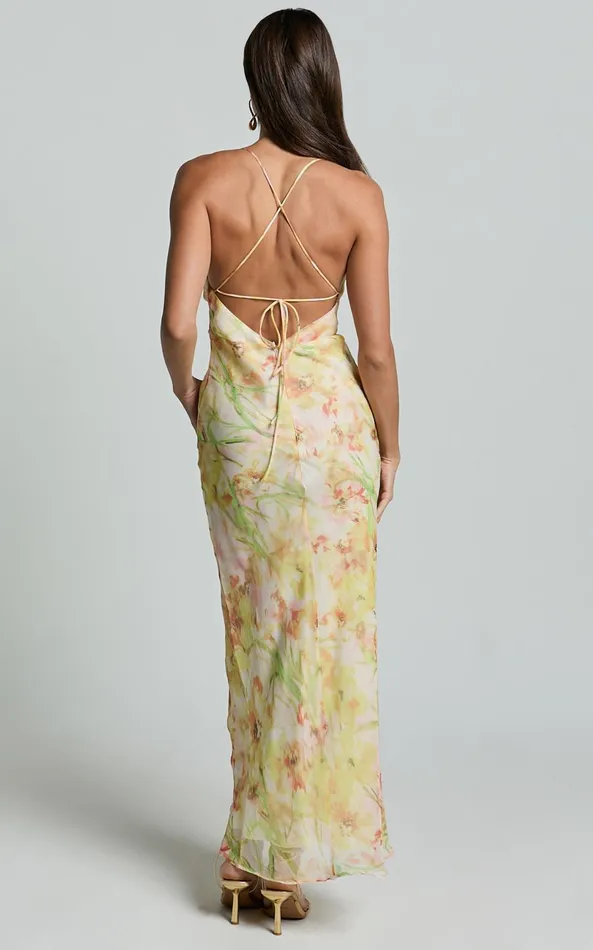 Showpo Alessa Midi Dress 8211 Tie Strap Cowl Neck Slip Dress In Yelllow Floral Print Women Dresses