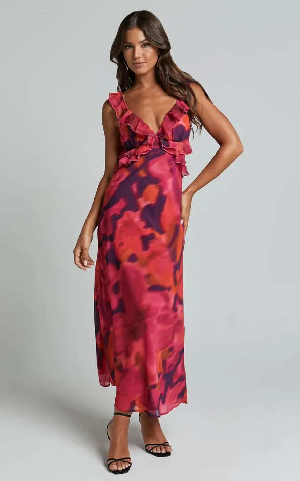 Showpo Alessa Midi Dress 8211 V Neck Frill Detail Empire Waist Back Cut Out Dress In ADEANA PRINT Women Dresses Showpo Alessa Midi Dress 8211 V Neck Frill Detail Empire Waist Back Cut Out Dress In ADEANA PRINT Women Dresses