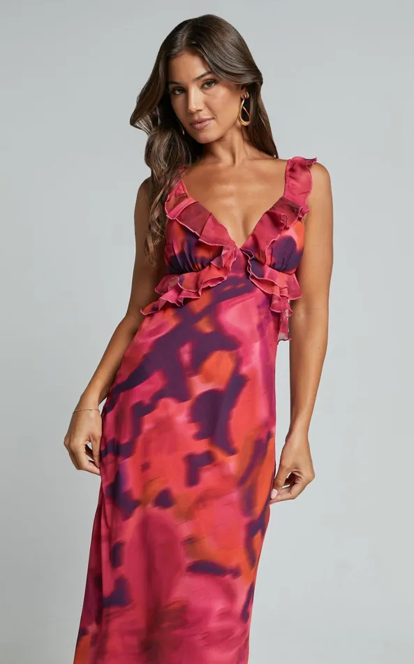 Showpo Alessa Midi Dress 8211 V Neck Frill Detail Empire Waist Back Cut Out Dress In ADEANA PRINT Women Dresses