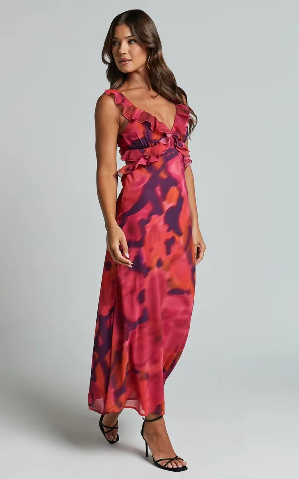 Showpo Alessa Midi Dress 8211 V Neck Frill Detail Empire Waist Back Cut Out Dress In ADEANA PRINT Women Dresses