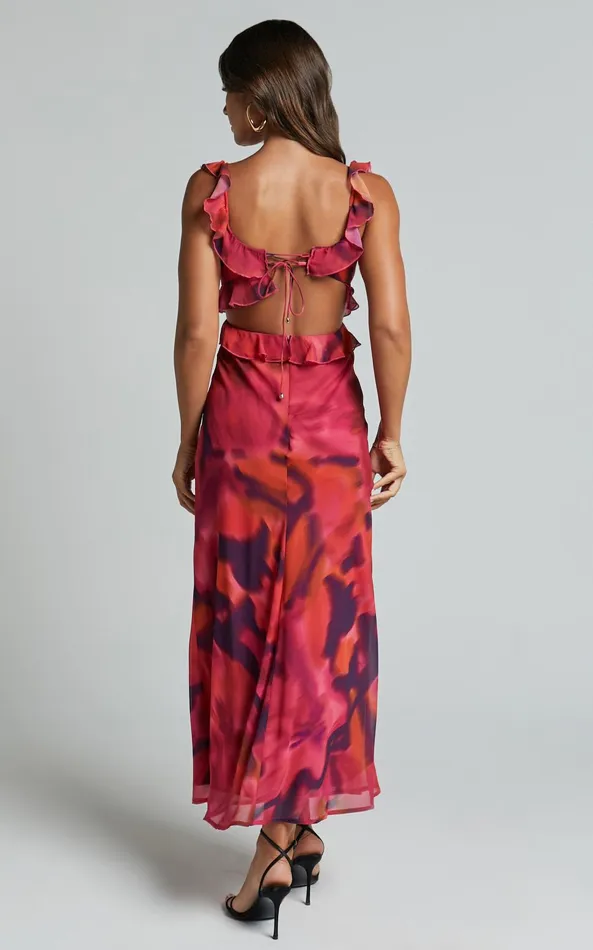 Showpo Alessa Midi Dress 8211 V Neck Frill Detail Empire Waist Back Cut Out Dress In ADEANA PRINT Women Dresses