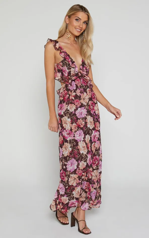 Showpo Alessa Midi Dress 8211 V Neck Frill Detail Empire Waist Back Cut Out Dress In Wine Floral Women Dresses Showpo Alessa Midi Dress 8211 V Neck Frill Detail Empire Waist Back Cut Out Dress In Wine Floral Women Dresses