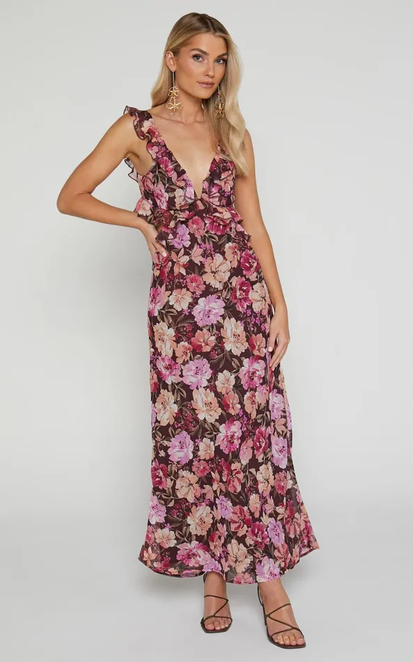 Showpo Alessa Midi Dress 8211 V Neck Frill Detail Empire Waist Back Cut Out Dress In Wine Floral Women Dresses