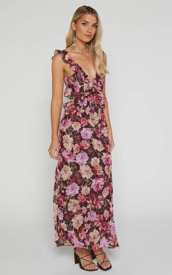 Showpo Alessa Midi Dress 8211 V Neck Frill Detail Empire Waist Back Cut Out Dress In Wine Floral Women Dresses