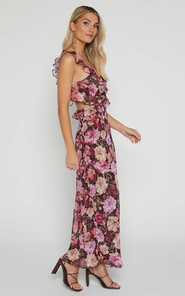 Showpo Alessa Midi Dress 8211 V Neck Frill Detail Empire Waist Back Cut Out Dress In Wine Floral Women Dresses