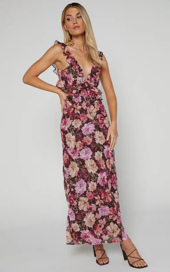 Showpo Alessa Midi Dress 8211 V Neck Frill Detail Empire Waist Back Cut Out Dress In Wine Floral Women Dresses