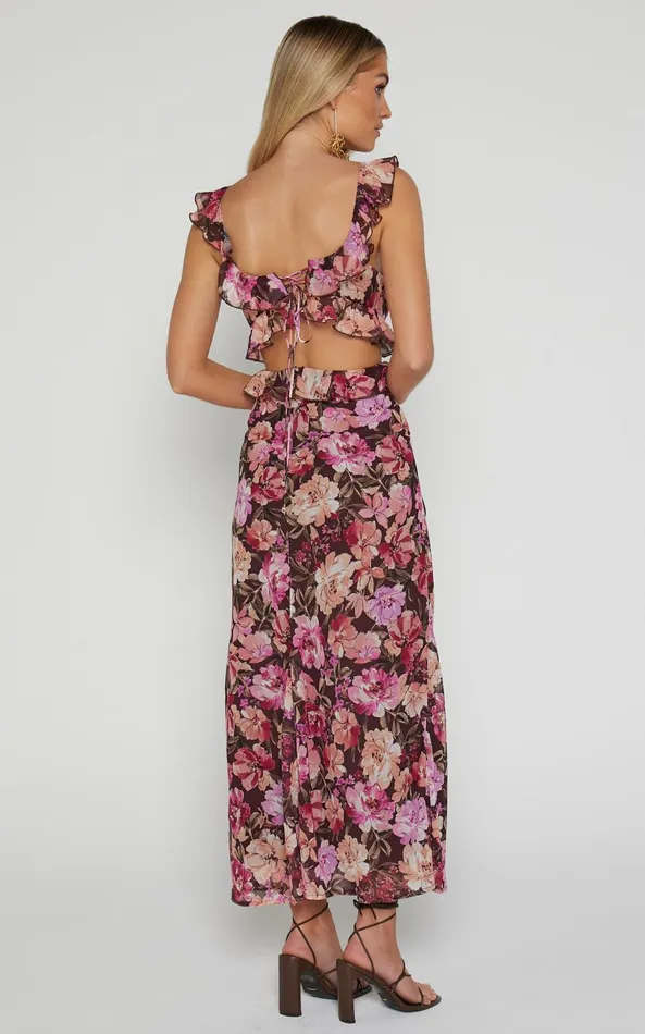 Showpo Alessa Midi Dress 8211 V Neck Frill Detail Empire Waist Back Cut Out Dress In Wine Floral Women Dresses