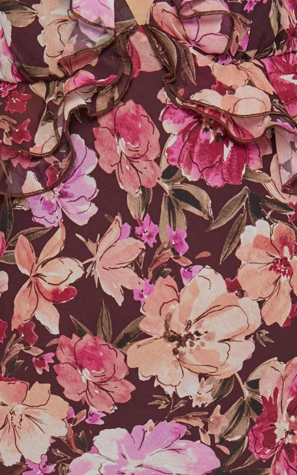 Showpo Alessa Midi Dress 8211 V Neck Frill Detail Empire Waist Back Cut Out Dress In Wine Floral Women Dresses