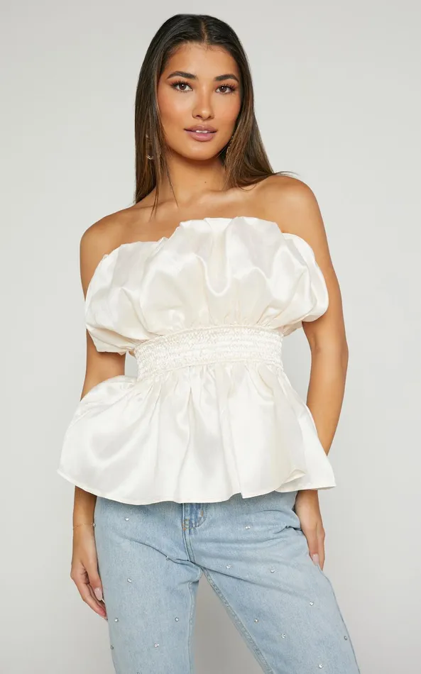 Showpo Alessia Top 8211 Strapless Bubble Peplum Top In Cream Women Tops