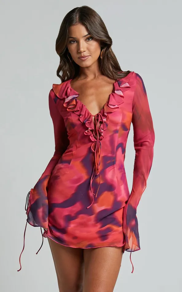 Showpo Alesya Mini Dress 8211 Ruffle Plunge Neck Long Sleeve Tie Detail Dress In Adeana Print Women Curve Clothes