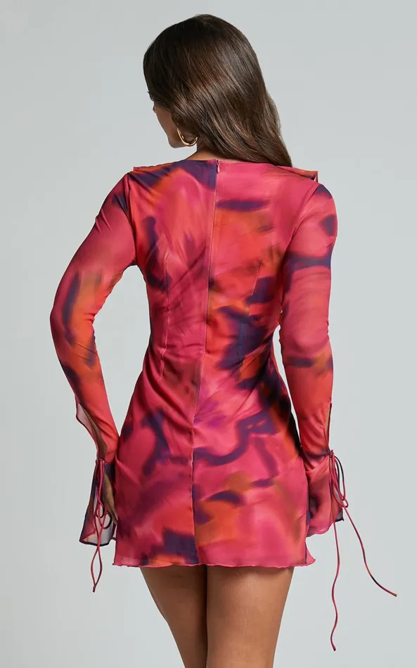 Showpo Alesya Mini Dress 8211 Ruffle Plunge Neck Long Sleeve Tie Detail Dress In Adeana Print Women Curve Clothes