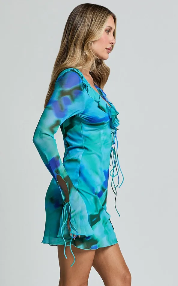 Showpo Alesya Mini Dress 8211 Ruffle Plunge Neck Long Sleeve Tie Detail Dress In Blue Floral Print Women Curve Clothes