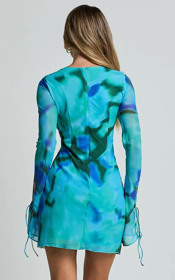 Showpo Alesya Mini Dress 8211 Ruffle Plunge Neck Long Sleeve Tie Detail Dress In Blue Floral Print Women Curve Clothes