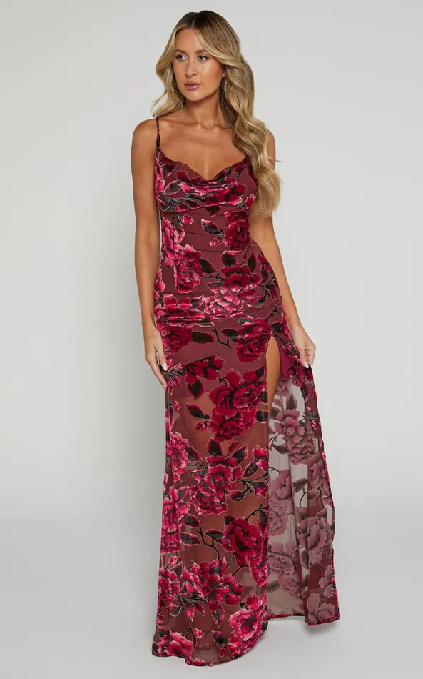 Showpo Aletta Maxi Dress 8211 Cowl Cross Back Dress In Wine Floral Women Dresses