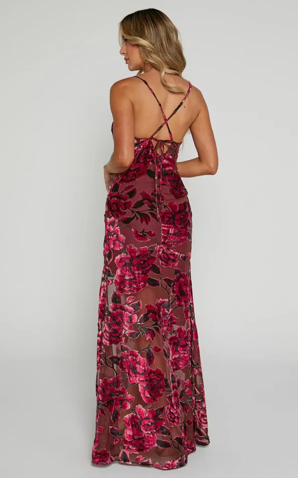 Showpo Aletta Maxi Dress 8211 Cowl Cross Back Dress In Wine Floral Women Dresses