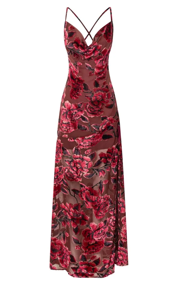 Showpo Aletta Maxi Dress 8211 Cowl Cross Back Dress In Wine Floral Women Dresses