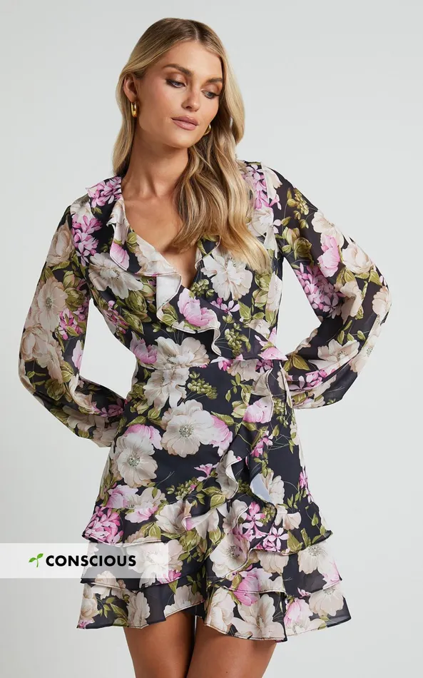 Showpo Alex Mini Dress 8211 Long Sleeve Frill Detail Wrap Dress In Midnight Floral Women Dresses Showpo Alex Mini Dress 8211 Long Sleeve Frill Detail Wrap Dress In Midnight Floral Women Dresses