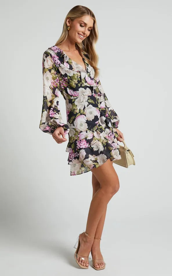 Showpo Alex Mini Dress 8211 Long Sleeve Frill Detail Wrap Dress In Midnight Floral Women Dresses