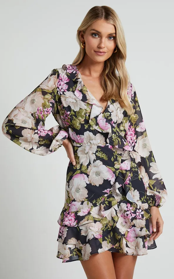 Showpo Alex Mini Dress 8211 Long Sleeve Frill Detail Wrap Dress In Midnight Floral Women Dresses