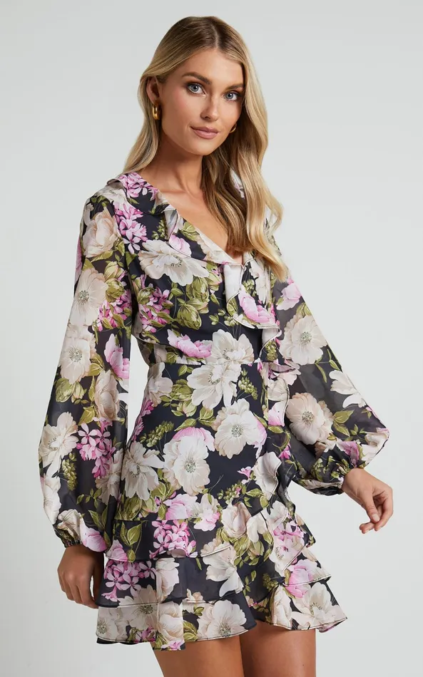Showpo Alex Mini Dress 8211 Long Sleeve Frill Detail Wrap Dress In Midnight Floral Women Dresses