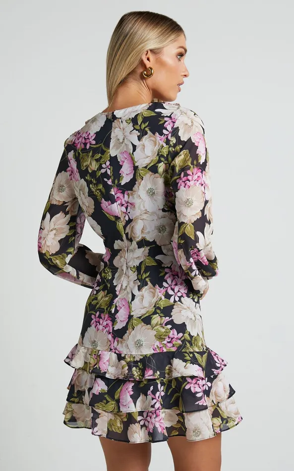 Showpo Alex Mini Dress 8211 Long Sleeve Frill Detail Wrap Dress In Midnight Floral Women Dresses