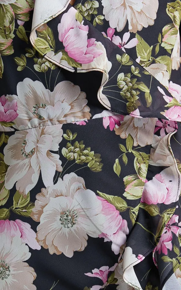 Showpo Alex Mini Dress 8211 Long Sleeve Frill Detail Wrap Dress In Midnight Floral Women Dresses
