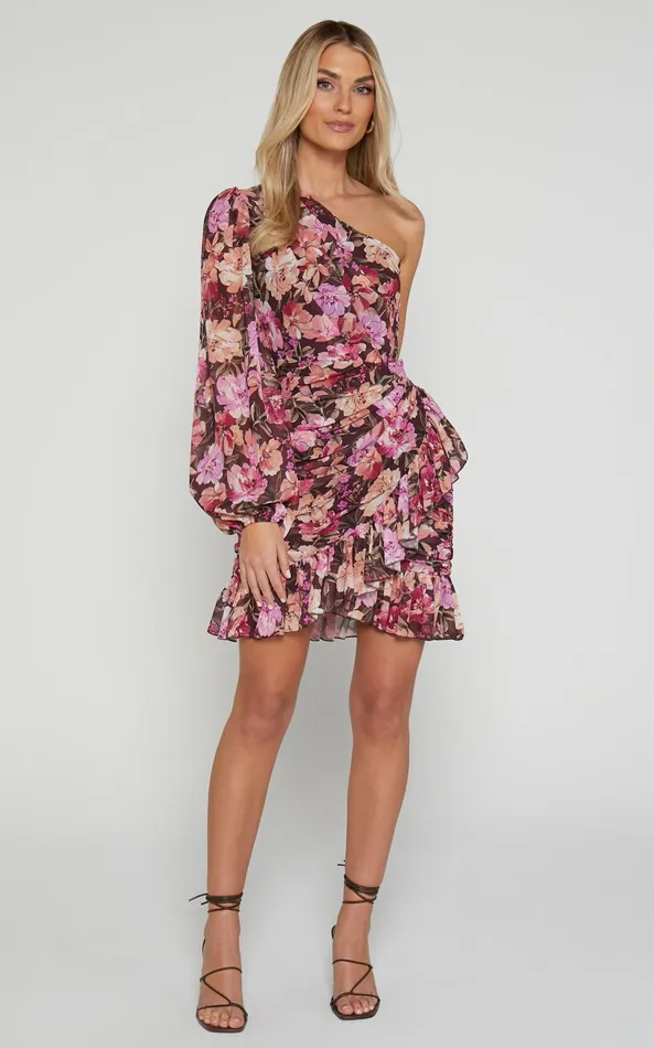 Showpo Alexandrea Mini Dress 8211 One Shoulder Long Sleeve Ruched Frill Skirt Dress In Wine Floral Women Dresses