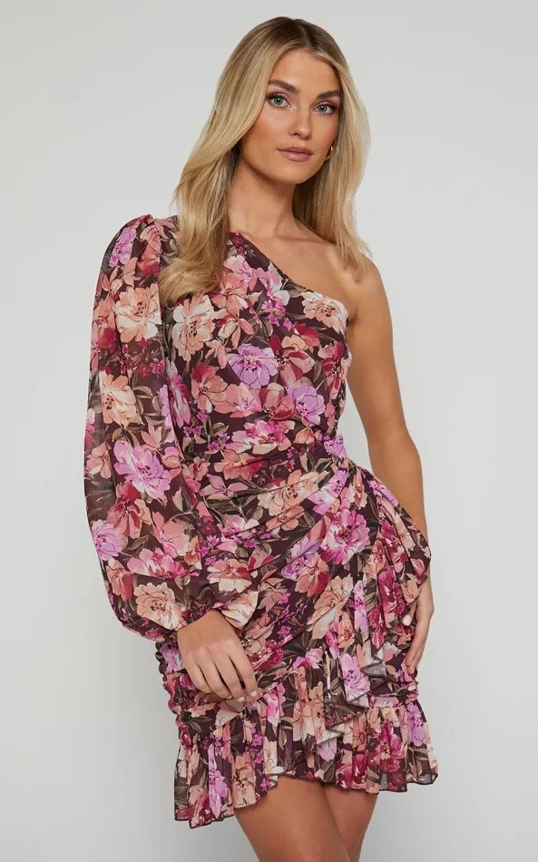 Showpo Alexandrea Mini Dress 8211 One Shoulder Long Sleeve Ruched Frill Skirt Dress In Wine Floral Women Dresses